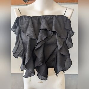 Crop Top Black Ruffle Cropped Off-Shoulder Spaghetti Strap Elastic Back XL NWT